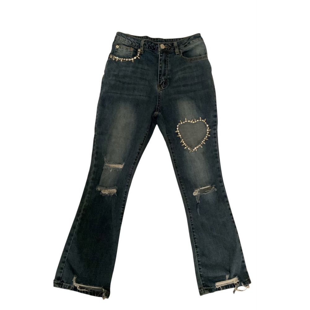 Blue B. Collection Womens Denim Jeans Rhinestone Heart Cutout & Distressed Small